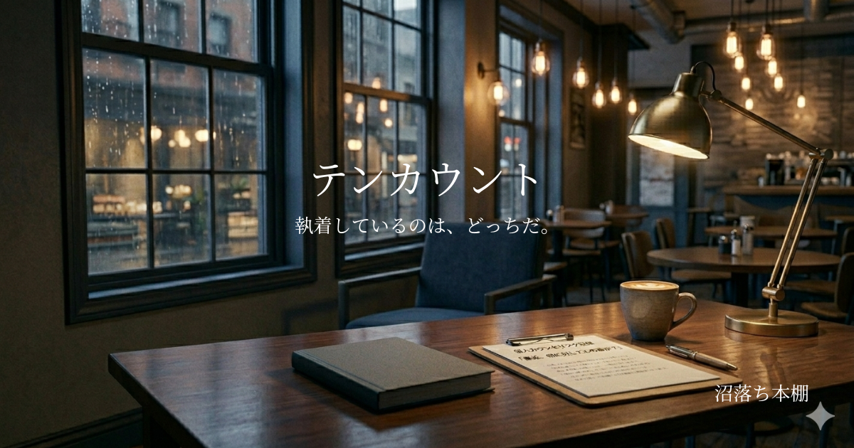 画像：夜のカフェ 文字：『テンカウント』「執着しているのはどちらか。」 「沼落ち本棚」